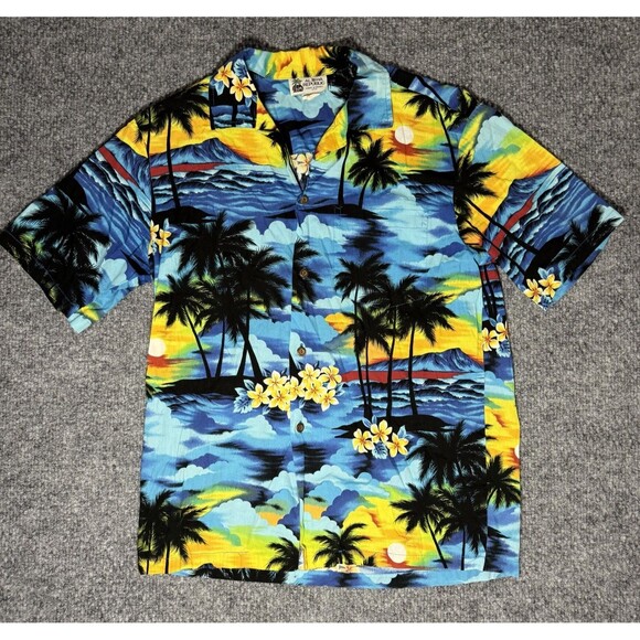 Aloha Republic Hawaiian Shirt Sunset Palm Trees Vintage Blue Men's Size Medium - Picture 1 of 4